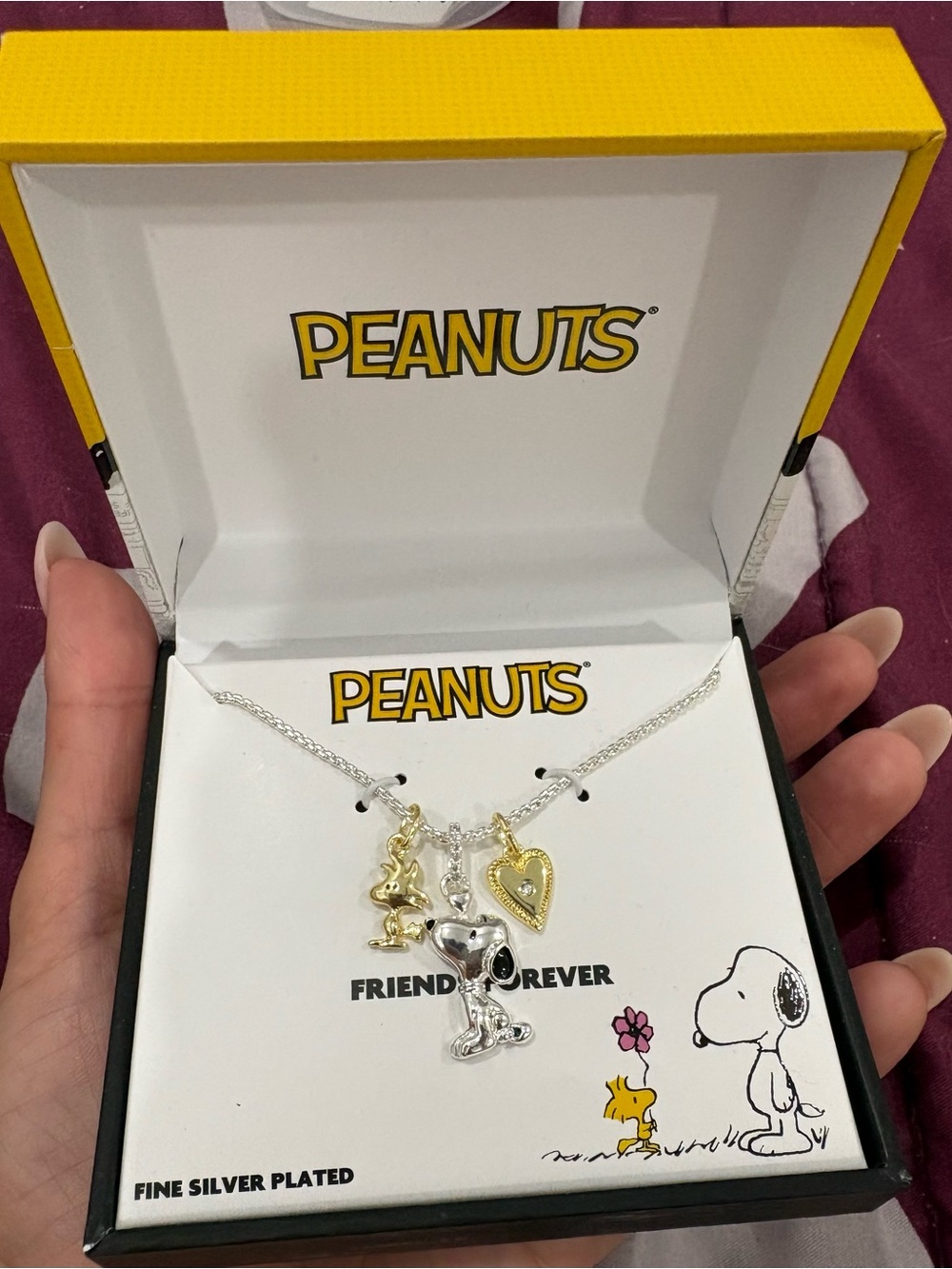 Peanuts Silver-Plated Snoopy Necklace with Yellow Heart & Woodstock Charms
